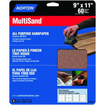 Norton MultiSand 07660747750 Sanding Sheet, 11 in L, 9 in W, Coarse, 60 Grit, Aluminum Oxide Abrasive, Paper Backing