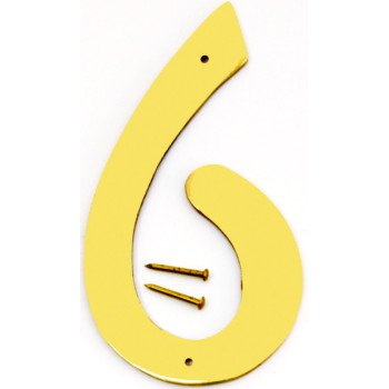 Hy-Ko BR-40/6 House Number, Character: 6, 4 in H Character, 2-1/2 in W Character, Brass Character, Brass