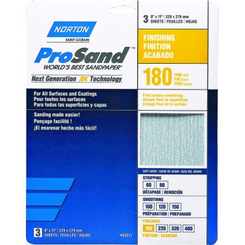 Norton ProSand 07660768159 Sanding Sheet, 11 in L, 9 in W, Fine, 180 Grit, Aluminum Oxide Abrasive, Paper Backing