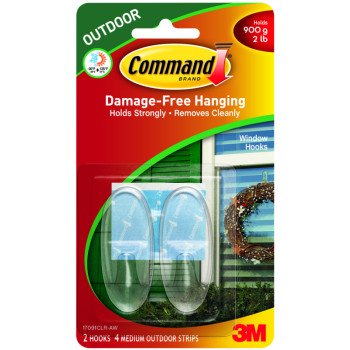 Command 17091CLR-AW Window Hook, 2 lb, 2-Hook, Plastic, Clear