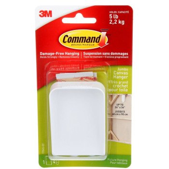 Command 17045-ES Large Canvas Picture Hanger, 5 lb, Plastic, White, Wall Mounting