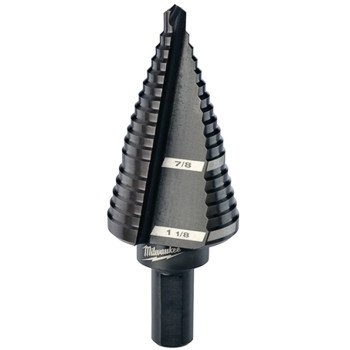 Milwaukee 48-89-9209 Step Drill Bit, 7/8 to 1-1/8 in Dia, 2-61/64 in OAL, 2-Flute, 3/8 in Dia Shank, Flat Shank