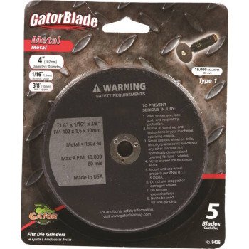 GatorBlade 9426 Cut-Off Wheel, 4 in Dia, 1/16 in Thick, 3/8 in Arbor, Aluminum Oxide Abrasive