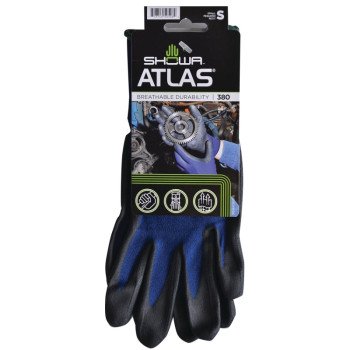 Showa 380S-06.RT Coated Gloves, S, 8-21/32 to 10-15/64 in L, Elastic Cuff, Nitrile Foam Coating, Black/Blue