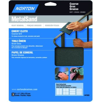 Norton MetalSand 07660747835 Sanding Sheet, 11 in L, 9 in W, Coarse, 80 Grit, Emery Abrasive, Cloth Backing