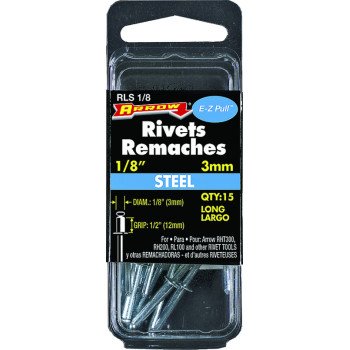 Arrow RLS1/8 Pop Rivet, Long, 1/2 in L, Steel, 15/PK