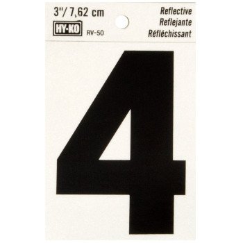 Hy-Ko RV-50/4 Reflective Sign, Character: 4, 3 in H Character, Black Character, Silver Background, Vinyl