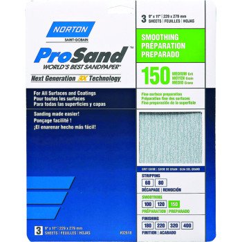 Norton ProSand 07660768160 Sanding Sheet, 11 in L, 9 in W, Medium, 150 Grit, Aluminum Oxide Abrasive, Paper Backing