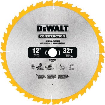 DeWALT DW3123 Saw Blade, 12 in Dia, 1 in Arbor, 32-Teeth, Carbide Cutting Edge