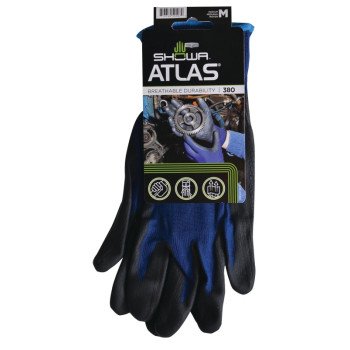 Showa 380M-07.RT Coated Gloves, M, 8-21/32 to 10-15/64 in L, Elastic Cuff, Nitrile Foam Coating, Black/Blue