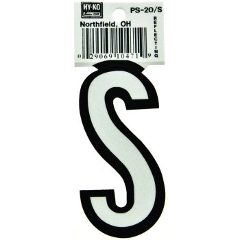 Hy-Ko PS-20/S Reflective Letter, Character: S, 3-1/4 in H Character, Black/White Character, Vinyl