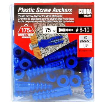 Cobra Anchors 193M Screw Anchor, 1-1/4 in L, Plastic, 175 lb