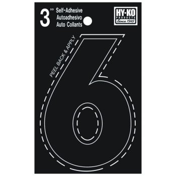 Hy-Ko 30400 Series 30406 Die-Cut Number, Character: 6, 3 in H Character, Black Character, Vinyl