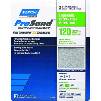 Norton ProSand 07660768161 Sanding Sheet, 11 in L, 9 in W, Medium, 120 Grit, Aluminum Oxide Abrasive, Paper Backing