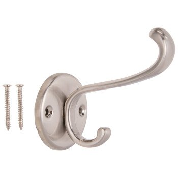 ProSource H-031-SN Coat and Hat Hook, 33 lb, 2-Hook, 1 in Opening, Zinc, Satin Nickel