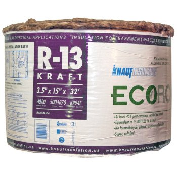 Knauf Insulation KR94E/TAK Kraft Faced Insulation, 32 ft L, 15 in W, R13 R-Value, Fiberglass