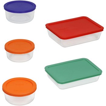 Pyrex 1091198 Food Storage Container Set, Rectangular, Round, Blue/Green/Orange/Red, Glass, Clear