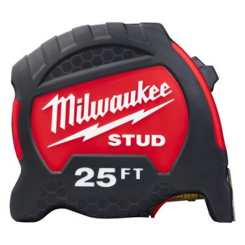 Milwaukee STUD Series 48-22-9725 Tape Measure, 25 ft L Blade, 1-19/64 in W Blade, Steel Blade, ABS Case, Black/Red Case