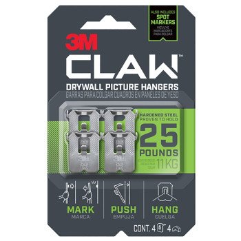 3M CLAW 3PH25M-4ES Drywall Picture Hanger, 25 lb, Steel, Push-In Mounting, 4/PK