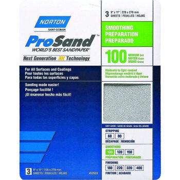 Norton ProSand 07660768162 Sanding Sheet, 11 in L, 9 in W, Medium, 100 Grit, Aluminum Oxide Abrasive, Paper Backing