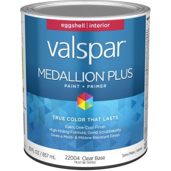 Valspar Medallion Plus 2200 028.0022004.005 Latex Paint, Acrylic Base, Eggshell Sheen, Clear Base, 1 qt