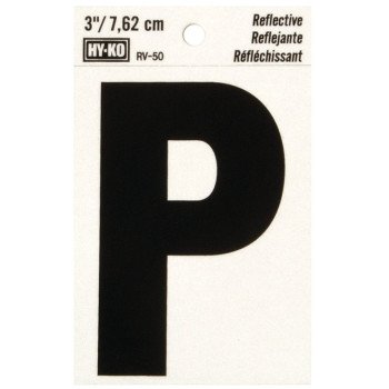 Hy-Ko RV-50/P Reflective Letter, Character: P, 3 in H Character, Black Character, Silver Background, Vinyl