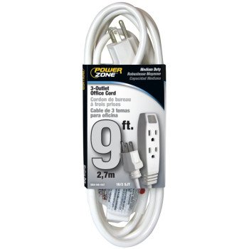 PowerZone OR890609 Office Extension Cord, 16 AWG Cable, 5-15P Grounded Plug, 5-15R Grounded Receptacle, 9 ft L