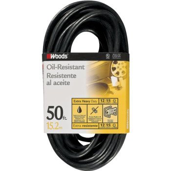 Woods 2457 Extension Cord, 12 AWG Cable, 50 ft L, 15 A, 125 V, Black