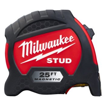 Milwaukee STUD Series 48-22-9725M Tape Measure, 25 ft L Blade, 1-5/16 in W Blade, Steel Blade, ABS Case, Black/Red Case