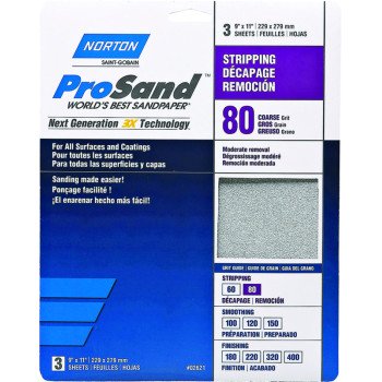 Norton ProSand 07660768163 Sanding Sheet, 11 in L, 9 in W, Coarse, 80 Grit, Aluminum Oxide Abrasive, Paper Backing