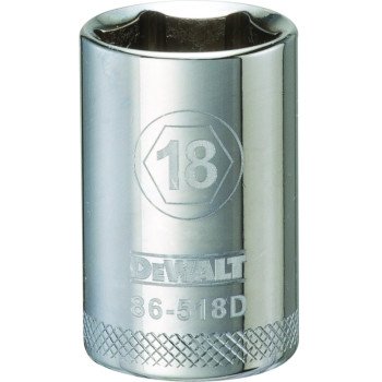 DEWALT DWMT86518OSP Drive Socket, 18 mm Socket, 1/2 in Drive, 6-Point, Vanadium Steel, Polished Chrome