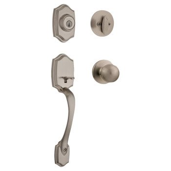 Kwikset 96870-099 Handleset, 3 Grade, Brass, Satin Nickel, 2-3/8 x 2-3/4 in Backset, KW1 Keyway, 1-3/4 in Thick Door