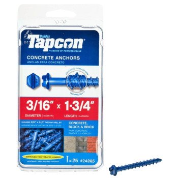 Tapcon 24205 Concrete Screw Anchor, 3/16 in Dia, 1-3/4 in L, Steel, Climaseal