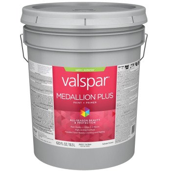 Valspar Medallion Plus 2600 028.0026003.008 Latex Paint, Acrylic Base, Satin Sheen, Tint Base, 5 gal, Plastic Pail