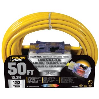 PowerZone ORP511830 Contractor Cord, 12 AWG Cable, 50 ft L, 15 A, 125 V, Yellow