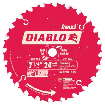 Diablo D0724A Circular Saw Blade, 7-1/4 in Dia, 5/8 in Arbor, 24-Teeth, Carbide Cutting Edge