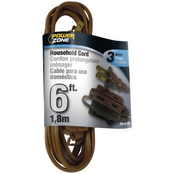 PowerZone OR670606 Extension Cord, 16 AWG Cable, 6 ft L, 125 V, Brown