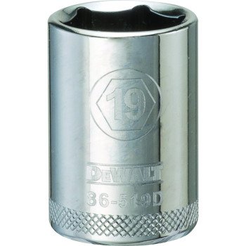 DEWALT DWMT86519OSP Drive Socket, 19 mm Socket, 1/2 in Drive, 6-Point, Vanadium Steel, Polished Chrome