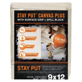 Trimaco Stay Put 4321 Canvas Drop Cloth, 12 ft L, 9 ft W, Canvas/Plastic