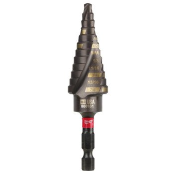 Milwaukee SHOCKWAVE Impact Duty 48-89-9244 Step Drill Bit, 3/16 to 7/8 in Dia, Spiral Flute, 2-Flute, Hex Shank