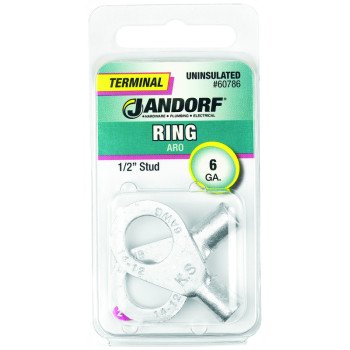 Jandorf 60786 Ring Terminal, 6 AWG Wire, 1/2 in Stud, Copper Contact