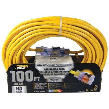 PowerZone ORP511735 Contractor Cord, 14 AWG Cable, 100 ft L, 13 A, 125 V, Yellow