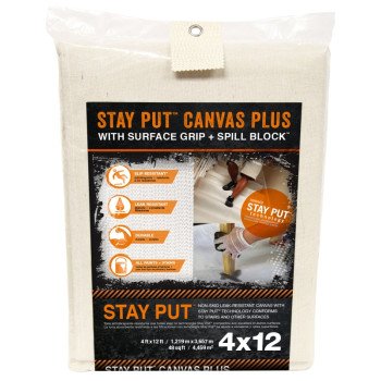 Trimaco Stay Put 4328 Canvas Drop Cloth, 12 ft L, 4 ft W, Canvas/Plastic