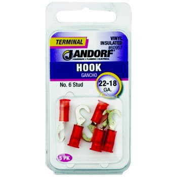 Jandorf 60957 Hook Terminal, 22 to 18 AWG Wire, #6 Stud, Vinyl Insulation, Red