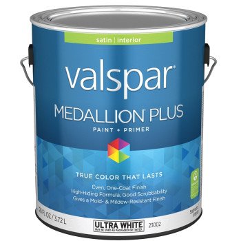 Valspar Medallion Plus 2300 028.0023002.007 Latex Paint, Acrylic Base, Satin Sheen, Ultra White Base, 1 gal, Can