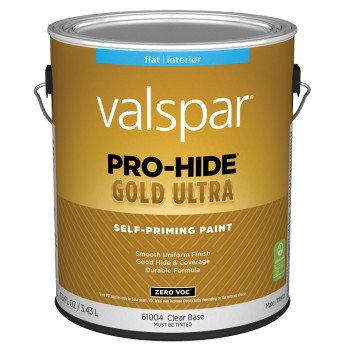 Valspar Pro-Hide Gold Ultra 6100 028.0061004.007 Latex Paint, Acrylic Base, Flat Sheen, Clear Base, 1 gal