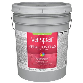 Valspar Medallion Plus 2600 028.0026004.008 Latex Paint, Acrylic Base, Satin Sheen, Clear Base, 5 gal, Plastic Pail