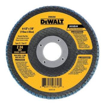 DEWALT DW8351 Flap Disc, 4-1/2 in Dia, 7/8 in Arbor, Coated, 40 Grit, Coarse, Zirconia Abrasive, Fiberglass Backing