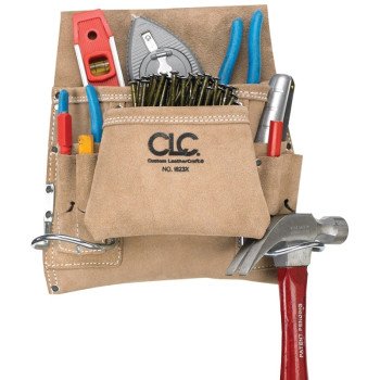 CLC Tool Works Series I823X Nail/Tool Bag, 20 in W, 12 in H, 8-Pocket, Suede Leather, Tan