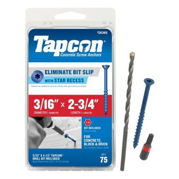 Tapcon 28365 Concrete Screw Anchor, 3/16 in Dia, 2-3/4 in L, Steel, Climaseal, 75/PK